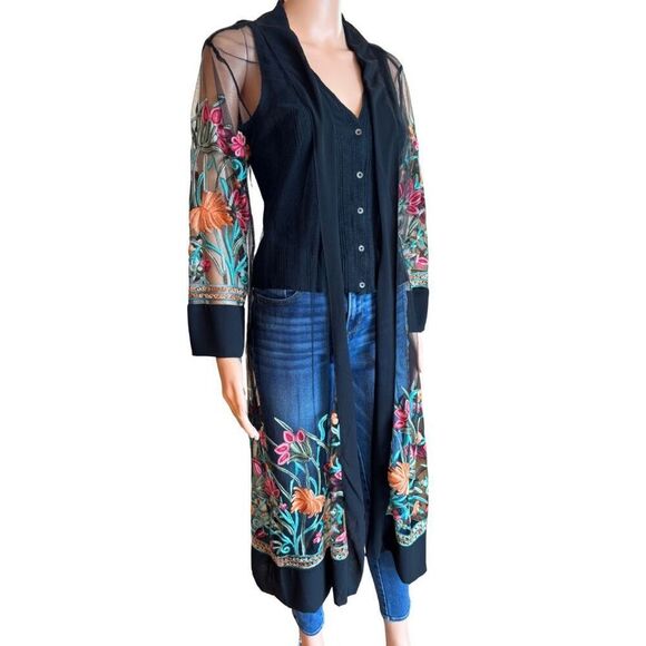 NWT LIV Los Angeles Black Embroidered Sheer Kimono Cardigan Small - Picture 3 of 7